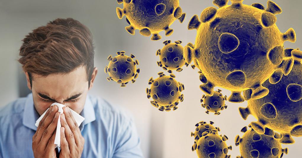 The photo shows a man sneezing while the virus travels though the air. Photo credit: U.S. Food and Drug Administration