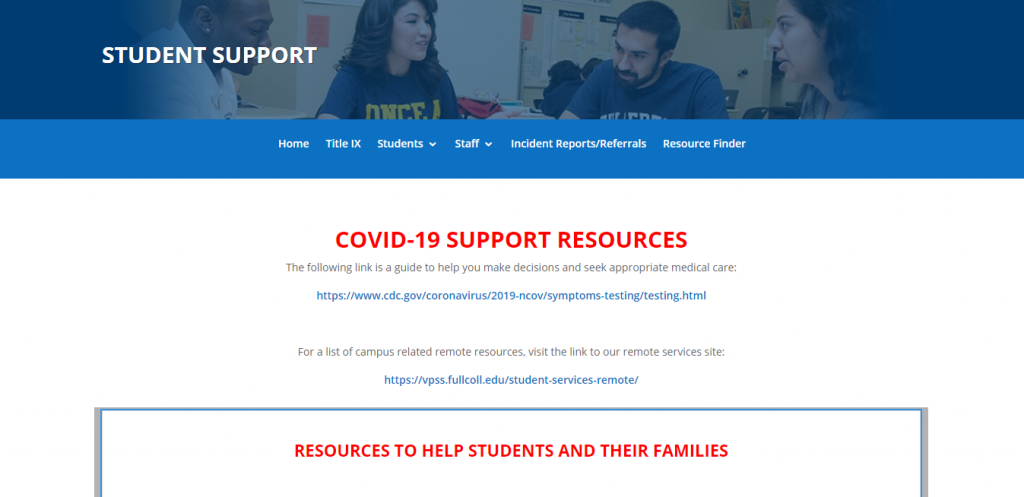 Fullerton Colleges COVID-19 Support Resources page. Photo credit: Fullerton College