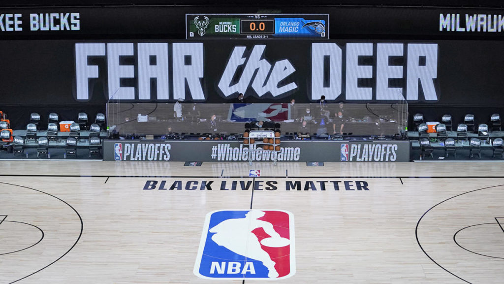 The court was empty at the scheduled start of an NBA basketball first round playoff game between the Milwaukee Bucks and the Orlando Magic, Wednesday, Aug. 26,  Photo By: Ashley Landis/Pool Photo-USA TODAY Sports Photo credit: Ashley Landis / USA Today