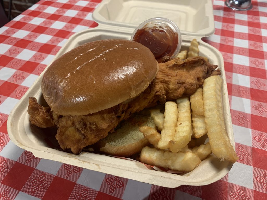 Jaxons Scratch-Made Chix Tenders chicken sandwich meal with BBQ sauce. Photo credit: Karina Macias