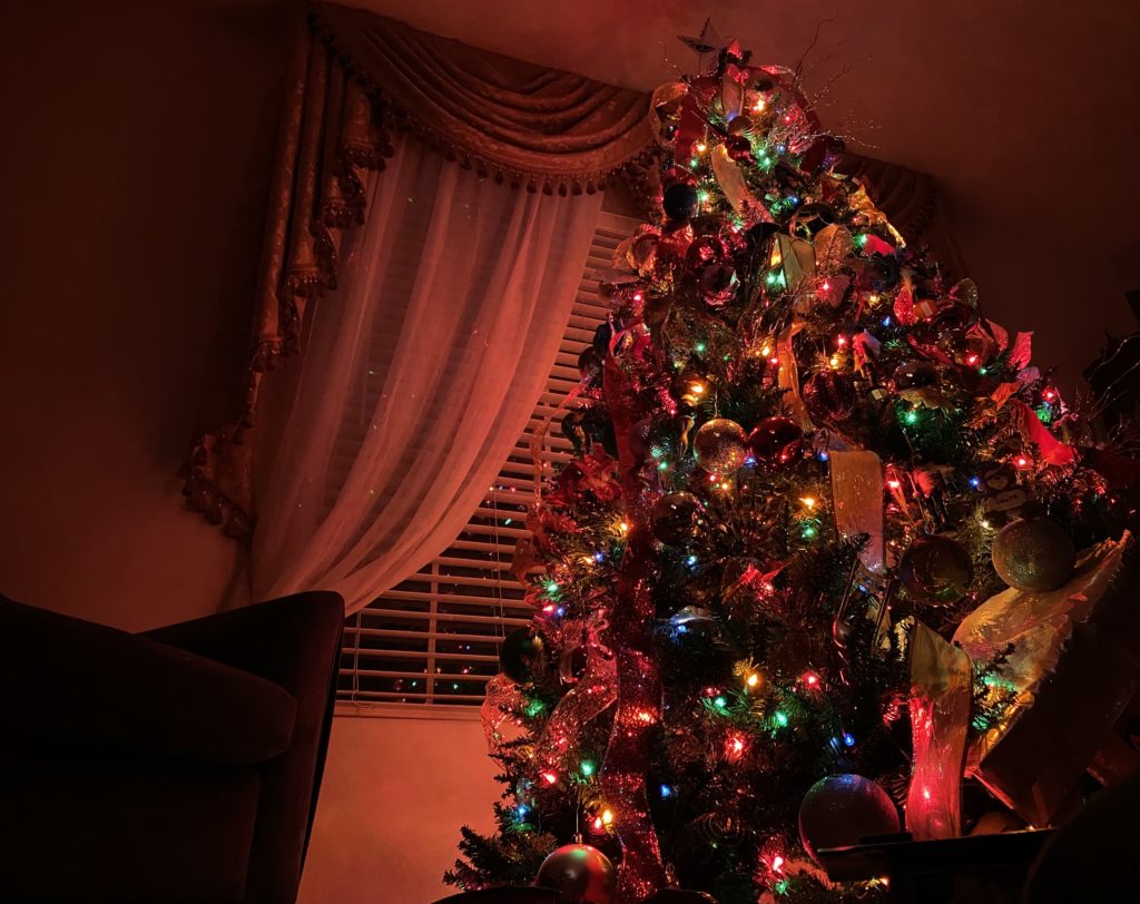 Christmas tree decorated with ornaments and bright lights. Photo credit: Angelica Salas