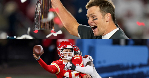 Tom Brady, the now seven-time champion and Patrick Mahomes who ran for his life all night long. Photo credit: Paul Schulz