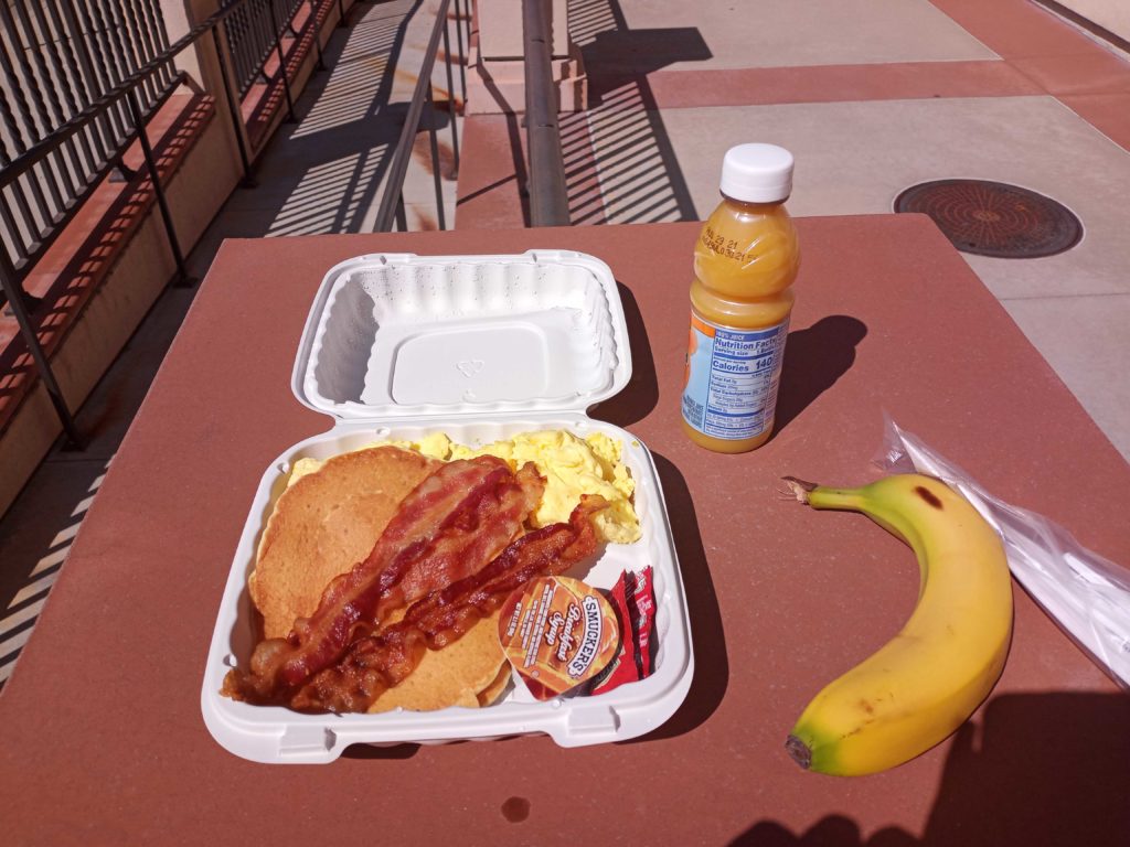 Grab and Go Breakfast served on March 26 at Fullerton College with pancakes, bacon, orange juice and a banana. Photo credit: Crystal Bender