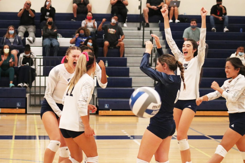 Fullerton College Womens Volleyball team celebrates beating undefeated Cypress 3-2 Wednesday night Photo credit: Phillip Thurman
