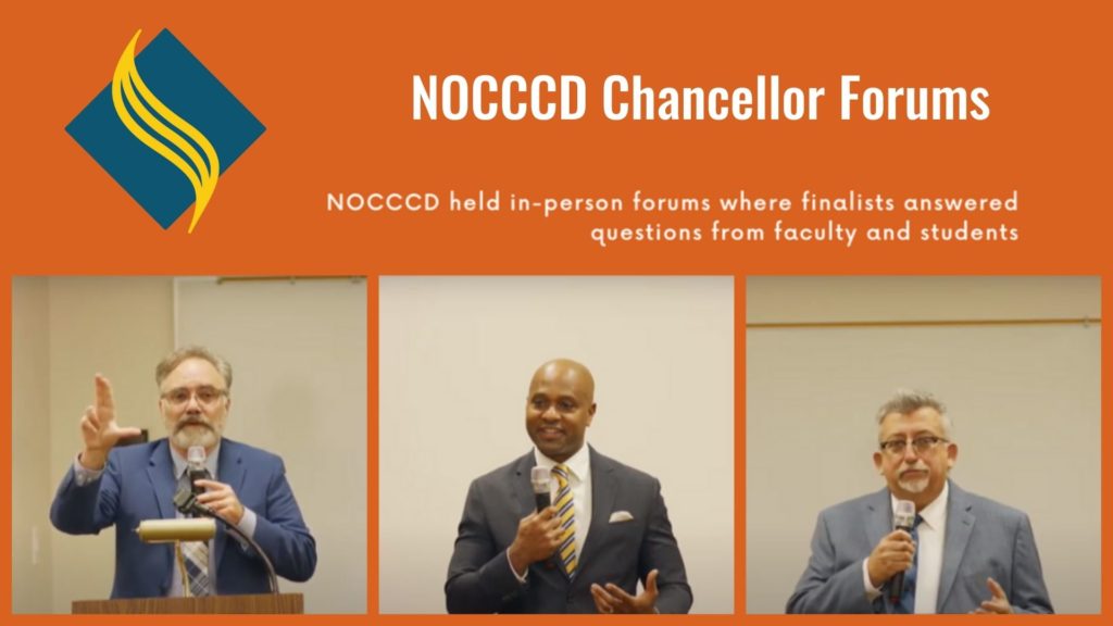 The three finalists shown here at the Fullerton College forum hosted by NOCCCD Photo credit: Christina Corona