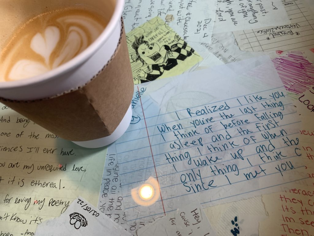 Drink your coffee while reading the sweet messages from past customers, professing their love like star-crossed lovers. Photo credit: Nick Spinarski