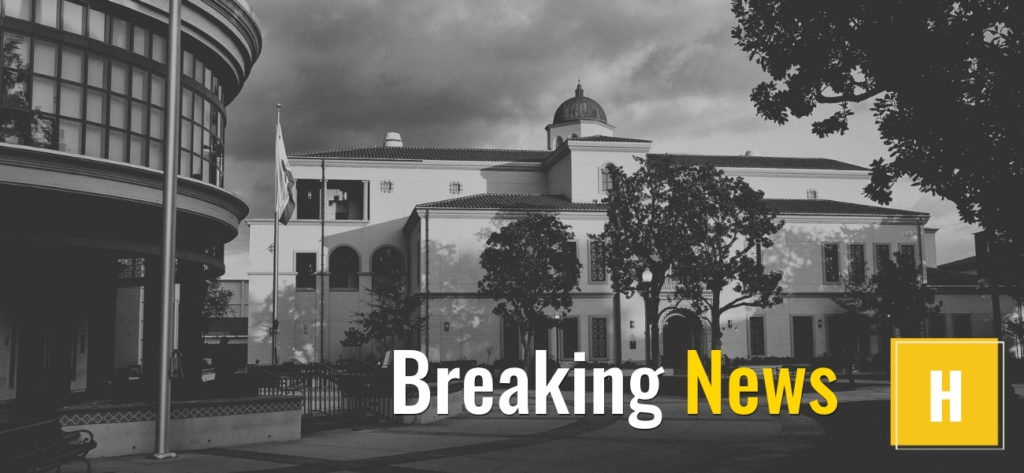 Breaking News graphic with The Hornet logo. Image: Fullerton College buildings and quad in greyscale.