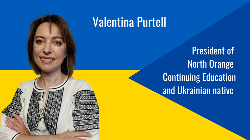 Photo of Valentina Purtell atop a blue and yellow background in reference to the Ukrainian flag. The text reads - President of north orange continuing education and Ukrainian native. Photo credit: Cyrus Burton