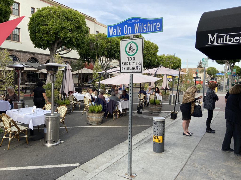 Walk on Wilshire is an approximately 180 feet portion of Wilshire Boulevard that was closed to vehicle traffic and has been used for outdoor dining during the pandemic. Photo credit: Dustin Malek