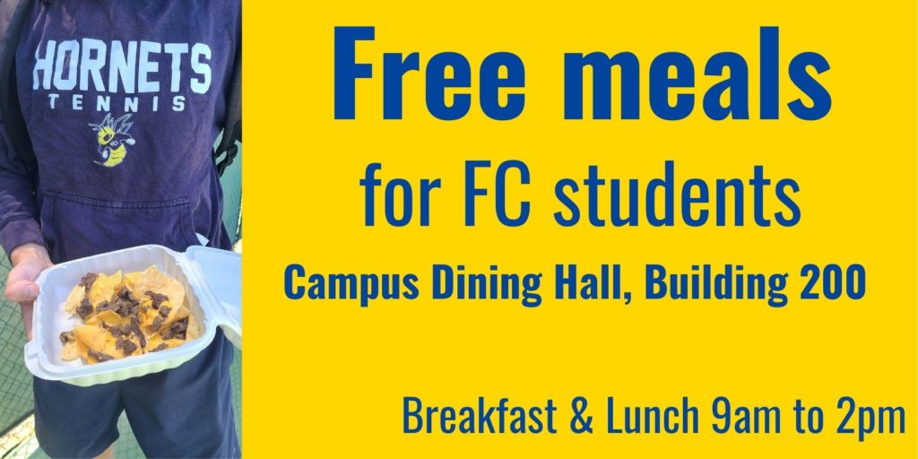 Free meals are available for Fullerton College students in the Spring 2022 semester between 9 a.m. and 2 p.m., Monday to Friday in the Campus Dining Hall also known as the cafeteria. Photo credit: Scott Merritt