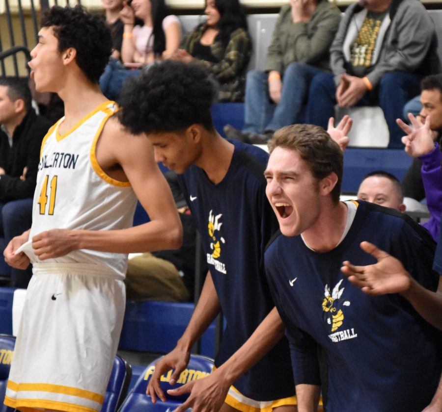 The Hornet bench gets hyped after a key play during Wednesday's Feb. 1, 2023, home game.