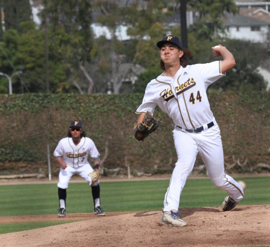 Freshmen Matt Romero our starter pitching on Thursday Feb. 2, 2023 at Fullerton College.