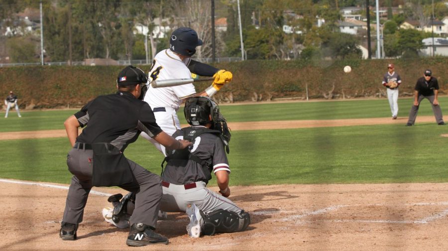 Freshman Britton Beeson on bat connects with the ball to bring in a 3 RBI in Thursday home game on Feb 2, 2023 against with Mt. San Antonio