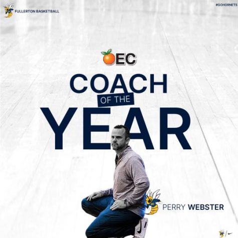 Coach Perry Webster was named Orange Empire Conference Coach of the Year on Sunday night Feb. 19, 2023. Photo credit: Fullerton College Sports Information Office