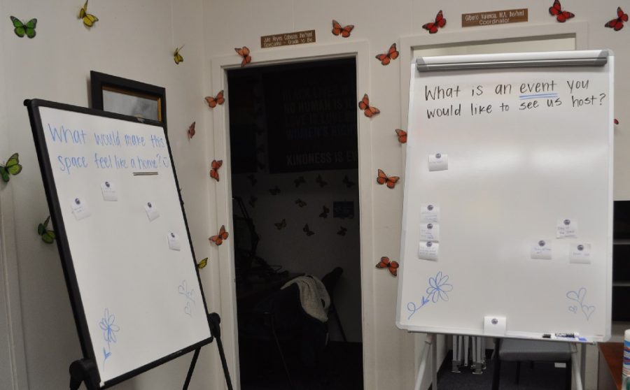 At the Open House, Thurs., Jan. 26, 2023, room 512. Butterflies are a mainstay decoration at the center, as a symbol of transformation, beauty and freedom. People may suggest decor as well as event ideas on the white boards. Photo credit: Dana Rose Crystal