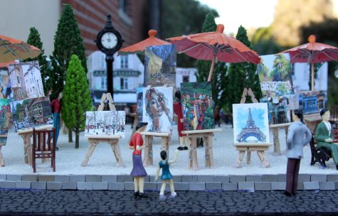 Lily Bell project based on Place Du Tertre up close and personal on display at Fullerton College for the French Film Festival on Monday, March 27, 2023. This was created originally for the Sonora High School Paris Night by French Club students, who create small dioramas of real areas of art and sculpture in France. Photo credit: Yasmin Sotelo