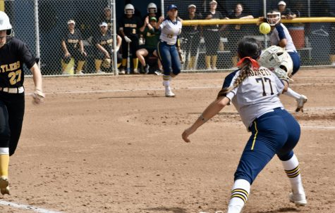 Freshman first baseman, Meah Almazar was 0-2 with 1 RBI during Fridays home game as she secures the out at first on March 17, 2023. Photo credit: Gerardo Chagolla