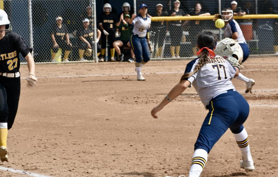 Freshman+first+baseman%2C+Meah+Almazar+was+0-2+with+1+RBI+during+Fridays+home+game+as+she+secures+the+out+at+first+on+March+17%2C+2023.+Photo+credit%3A+Gerardo+Chagolla