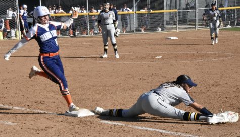 Freshman first baseman Meah Almaraz gets the out at first even after the throw from outfield comes in short during Fridays home game on March 3, 2023. Photo credit: Gerardo Chagolla