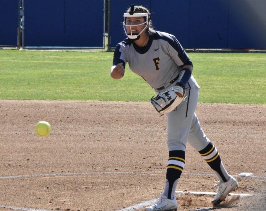 Right hand pitcher, freshman Allyson Fuentes pitched all seven innings allowing only two hits and eight strikeouts during Fridays home game on March 3, 2023. Photo credit: Gerardo Chagolla