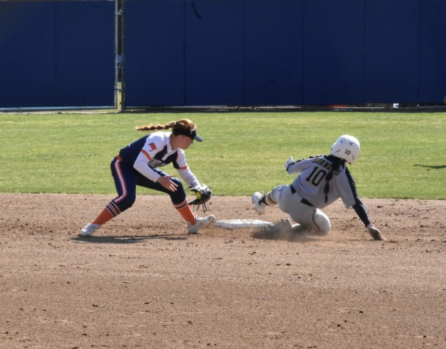 Left field freshman, Coco Siono, steals second base. Siono had four at bats with one hit, one run, and one stolen base during Friday's home game on March 3, 2023.