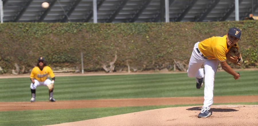Sophomore RHP Freddy Castaneda fires his best pitch home at Fullerton College on Friday Mar. 3, 2023. Photo credit: Pedro Saravia