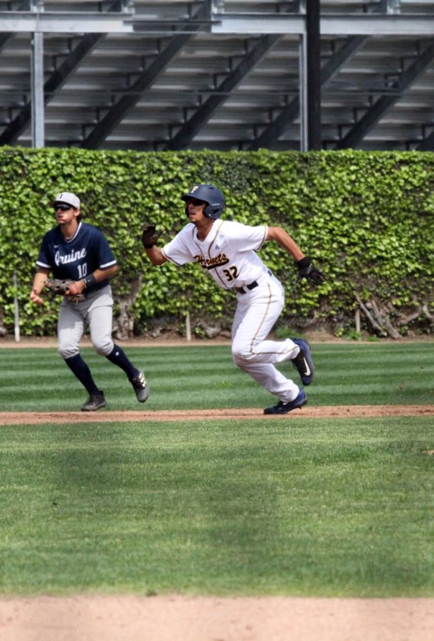 Freshmen Niko Santamaria outfielder running to third base on March 17, 2023 against Irvine Valley College. Photo credit: Yasmin Sotelo