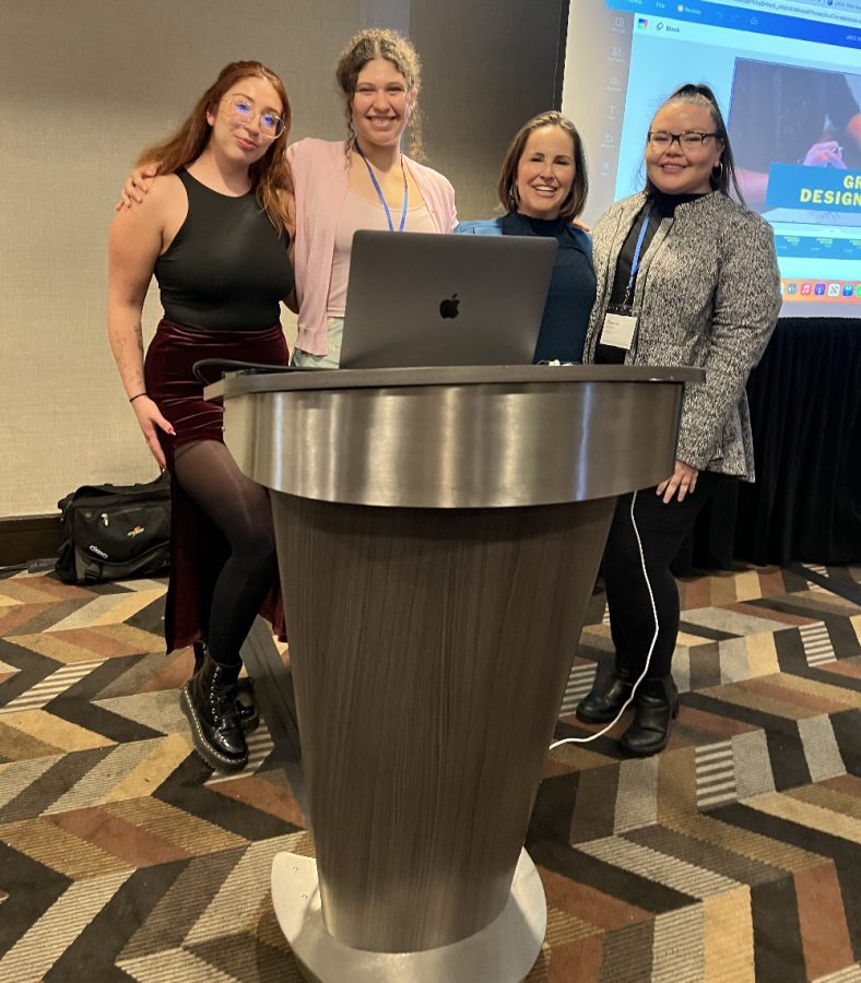 JACC student representatives: NorCal rep Andrea Saldana, SoCal rep Sara Leon, Faculty President Nicole Vargas, Student President Susana Serrano, at Journalism Association Community Colleges, March 11, 2023, in San Francisco