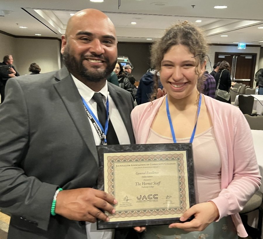 The Hornet s Editor in Chief, Gerardo Chagolla with Managing Editor and SoCal Rep of JACC, Sara Leon with award for General Excellence of The Hornet, March 11, 2023, at the awards ceremony in San Francisco, California. Photo credit: Jessica Langlois