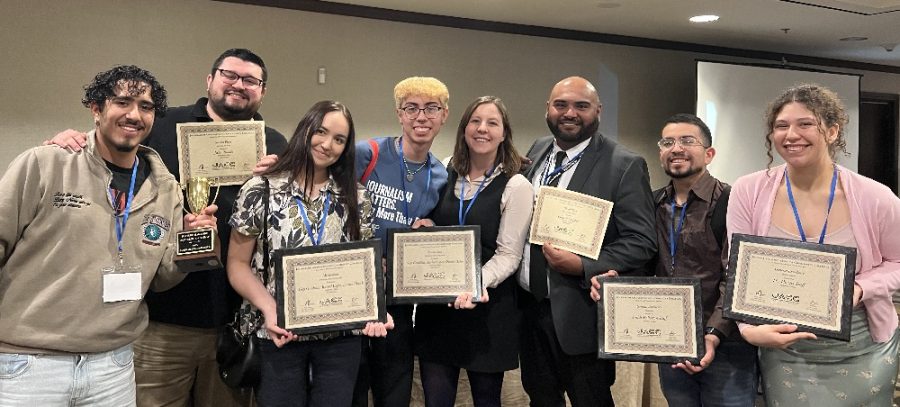 JACC awards with Hornet and Inside Fullerton staff at San Francisco state conference March 11, 2023 . L-R: Quinn Cisneros, Jake Rhodes, Aydan Azzara, Mikey Moran, Jessica Langlois, Gerardo Chagolla, Pedro Saravia, and Sara Leon. Photo credit: Jessica Langlois