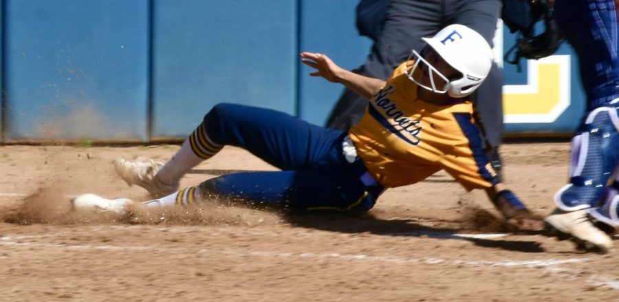 Freshman outfielder Haley Perez scores at the bottom of the fifth inning in a winning effort against Cypress Chargers at home on Friday, March 24, 2023.