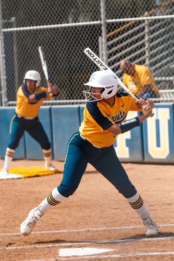 First base freshman Meah Almaraz at bat against the number one offense in the league during the Hornets' home game loss on Tuesday, April 18, 2023.