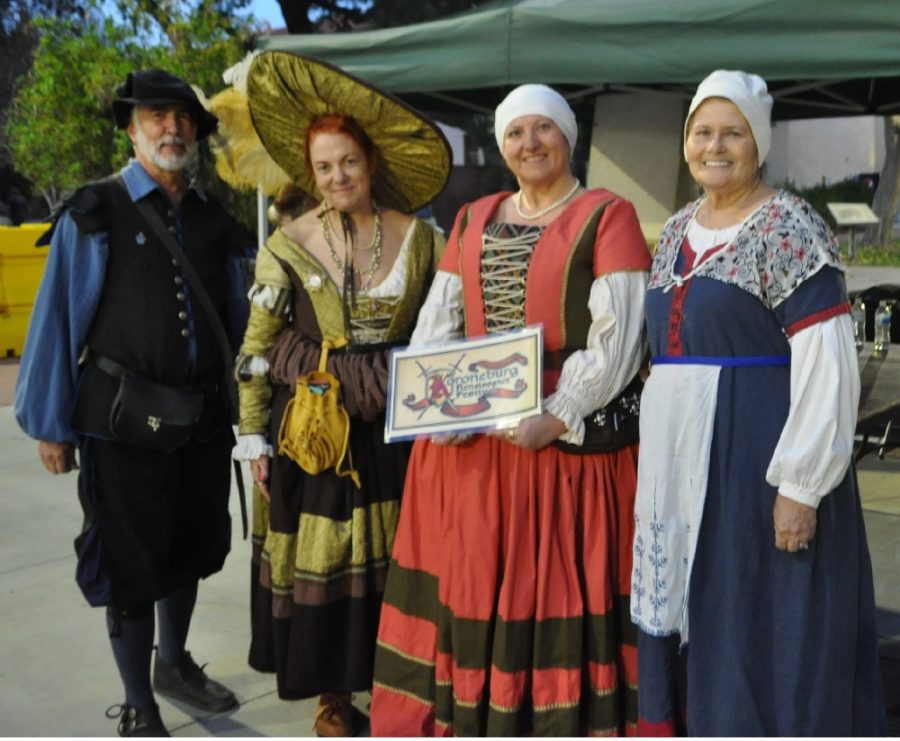 Left to right: Glen Tunnell, Ann Smith, Brenda Trujillo, Lois Tunnell of the Koroneburg Renaissance Festival, clad in costume, at the Fullerton College German Cultural and Film festival, Wednesday, April 19, 2023