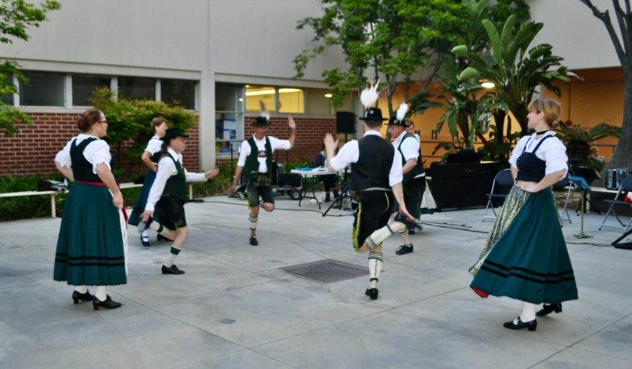 The Schuhplattler dancing club performs at the Fullerton College inaugural German Cultural and Film event, Wednesday, April 19, 2023