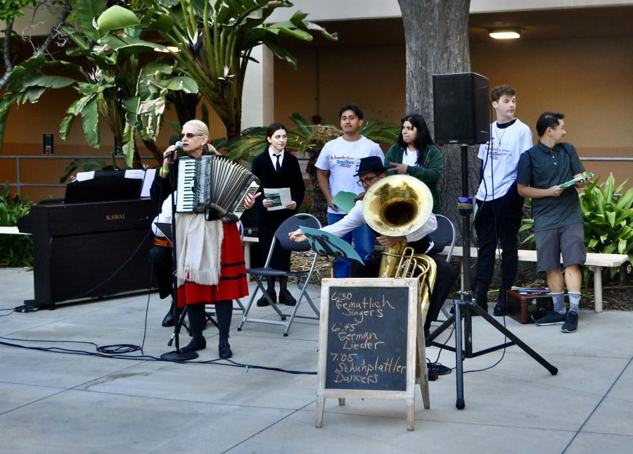 singing group with woman accordion player and male horn player