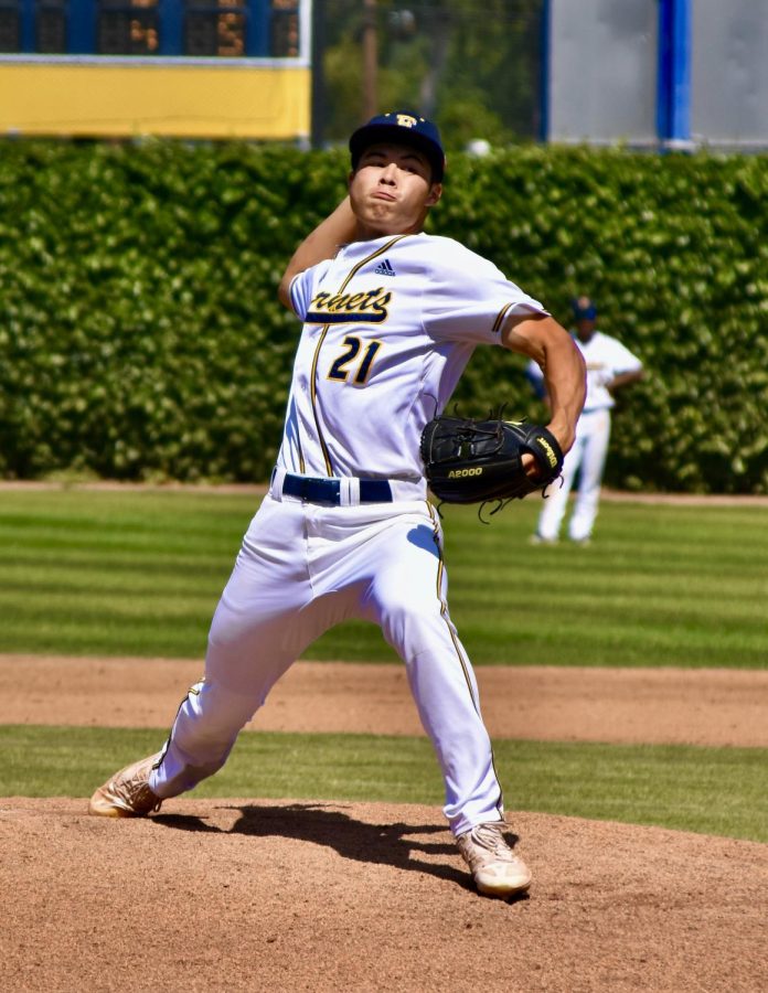 Sophomore pitcher Ryan Chavez pitched the last three innings for the Hornets and gave up three runs in a losing effort game at home on Friday, April 28, 2023.