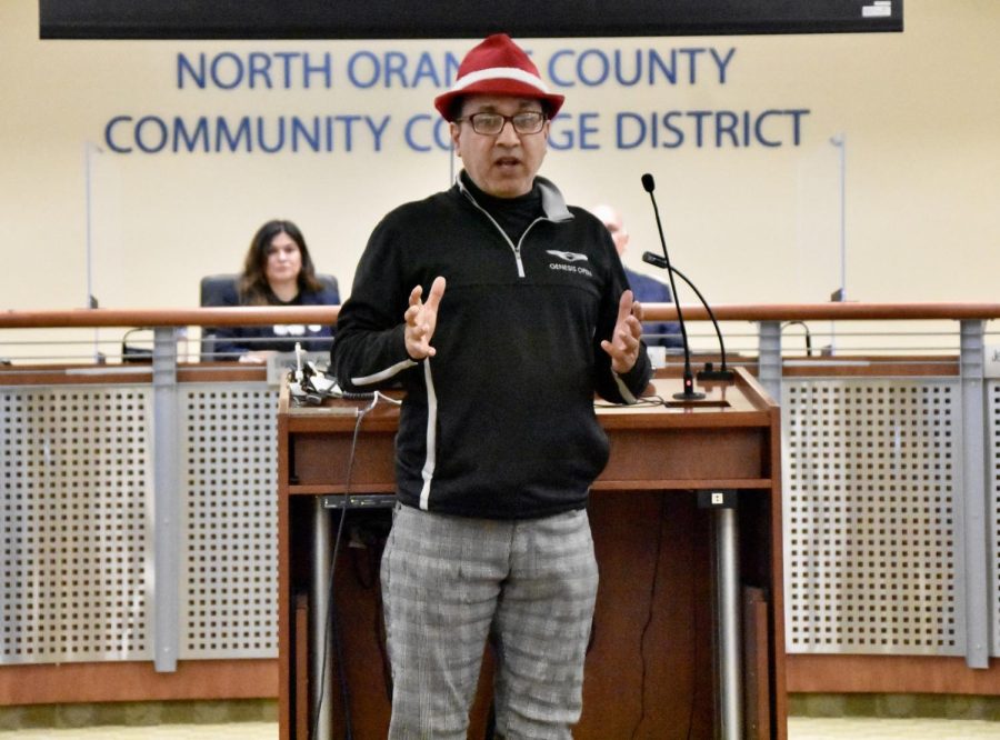 Naveen Kanal, adjunct faculty representative and Fullerton College womens golf head coach stating his case to the Board of Trustees and supporters during NOCCCD Board of Trustees meeting on Tuesday March 14, 2023. Photo credit: Gerardo Chagolla