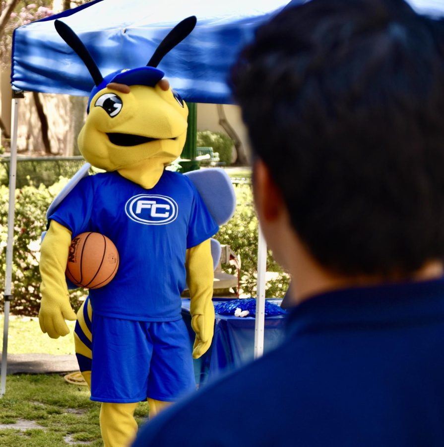 Buzzy the Hornet was in basketball spirit during the celebration on campus for Fullerton Colleges Mens Basketball Champs Campus Celebration outside the 200 building on Thursday, April 6, 2023. Photo credit: Gerardo Chagolla
