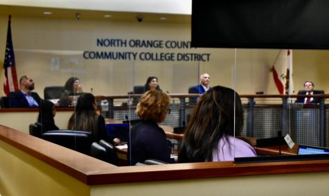 The NOCCCD Board of Trustees, pictured here on April 11, refused to vote on February 14 regarding Fullerton College’s new mission statement which gives specific mention to dismantling barriers of oppression in the institution Photo credit: Gerardo Chagolla