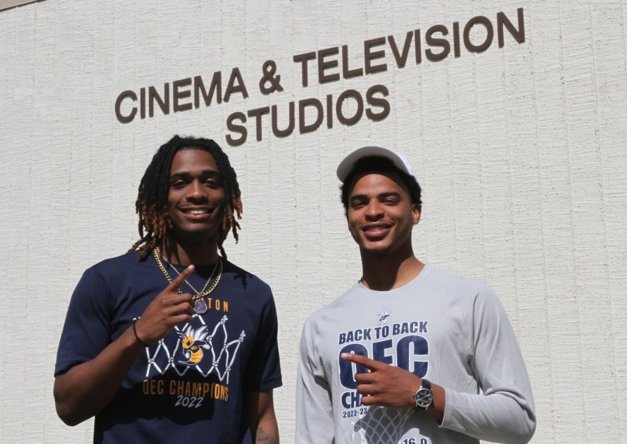 Freshmen and CCCAA State Champion guards Jeremiah Davis (left) and RJ Banks (right) stopped by the Fullerton College TV Studio to talk about their teams legendary season. Photo credit: Yasmin Sotelo