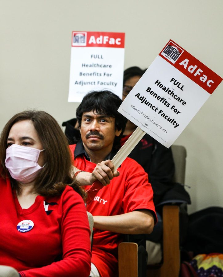 Adfac members protest peacefully for healthcare benefits in the NOCCCD building on Tuesday, March 14, 2023.