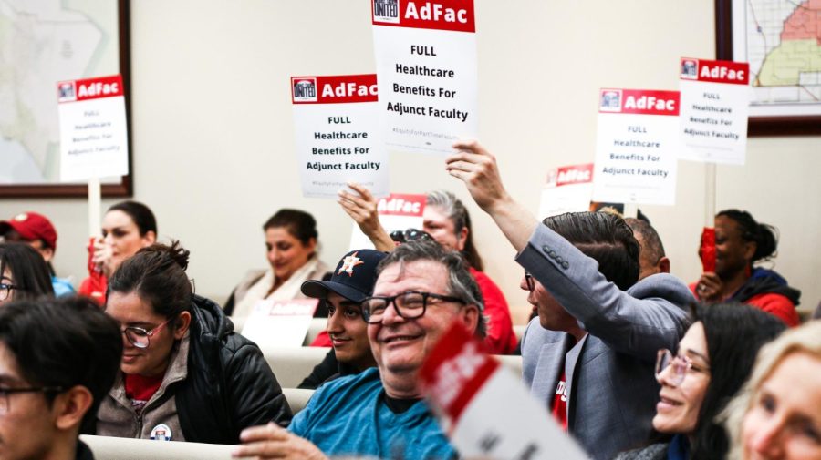 Dashiel Johnson, Executive Director for Adjunct Faculty United AFT 6101 leads part-time workers during a protest at the NOCCCD on Tuesday, March 14, 2023. Photo credit: Aaliyah Skipper