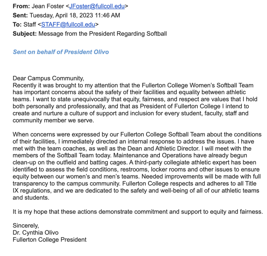 An email provided to The Hornet as well as the staff of Fullerton College sharing President Olivios message. Photo credit: Jake Rhodes