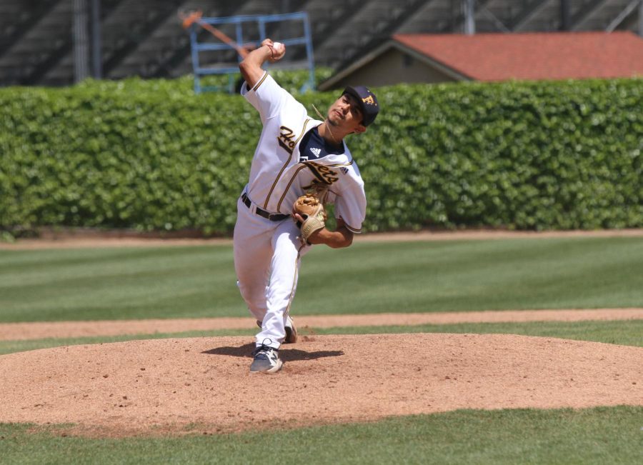 Fullerton starter Freddy Castaneda fires in a pitch in the mount. He threw at Fullerton college Saturday, April 15 2023.