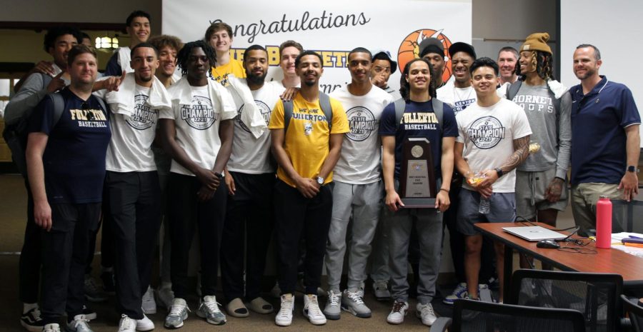 Fullerton Colleges Mens Basketball team during their championship celebration in the faculty room in the 200 building on April 6, 2023. Photo credit: Yasmin Sotelo