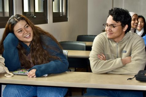 Elected A.S. President Isaac Choi and elected A.S. Student Trustee Chloe Serrano take a moment to smile during class days after their wins on Tuesday, May 9, 2023. Photo credit: Gerardo Chagolla
