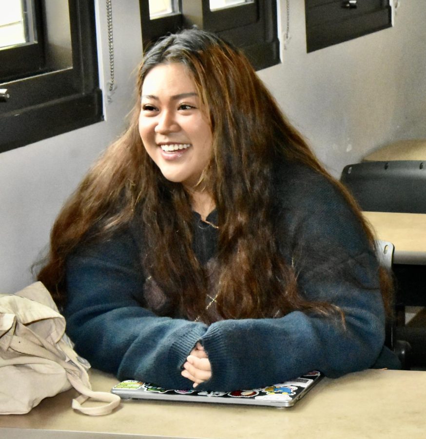 Chloe Serrano, the newly elected A.S. Student Trustee, is all smiles in class after her recent win at Fullerton College on Tuesday, May 9, 2023. Photo credit: Gerardo Chagolla