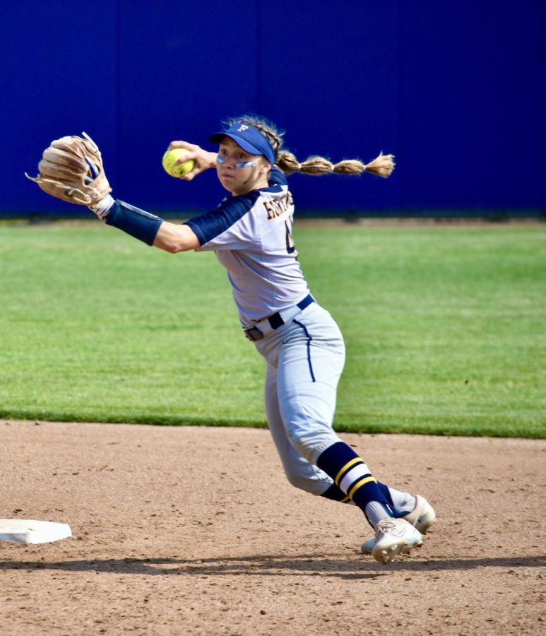 Freshman shortstop Cassidy Horning throws to first base after tapping second base for a crucial double play in the sixth inning during a home game on Friday, May 5, 2023. Photo credit: Gerardo Chagolla