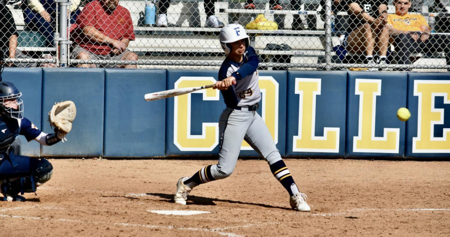 Sophomore outfielder Alyssa Caulford singles to shortstop during the Hornets home game win on Friday, May 5, 2023. Photo credit: Gerardo Chagolla