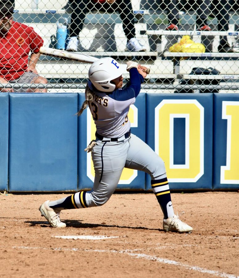 Alendy Aguilar, the Hornets' third baseman doubles to left field getting an RBI in the bottom of the fourth inning during a home game on Friday, May 5, 2023.